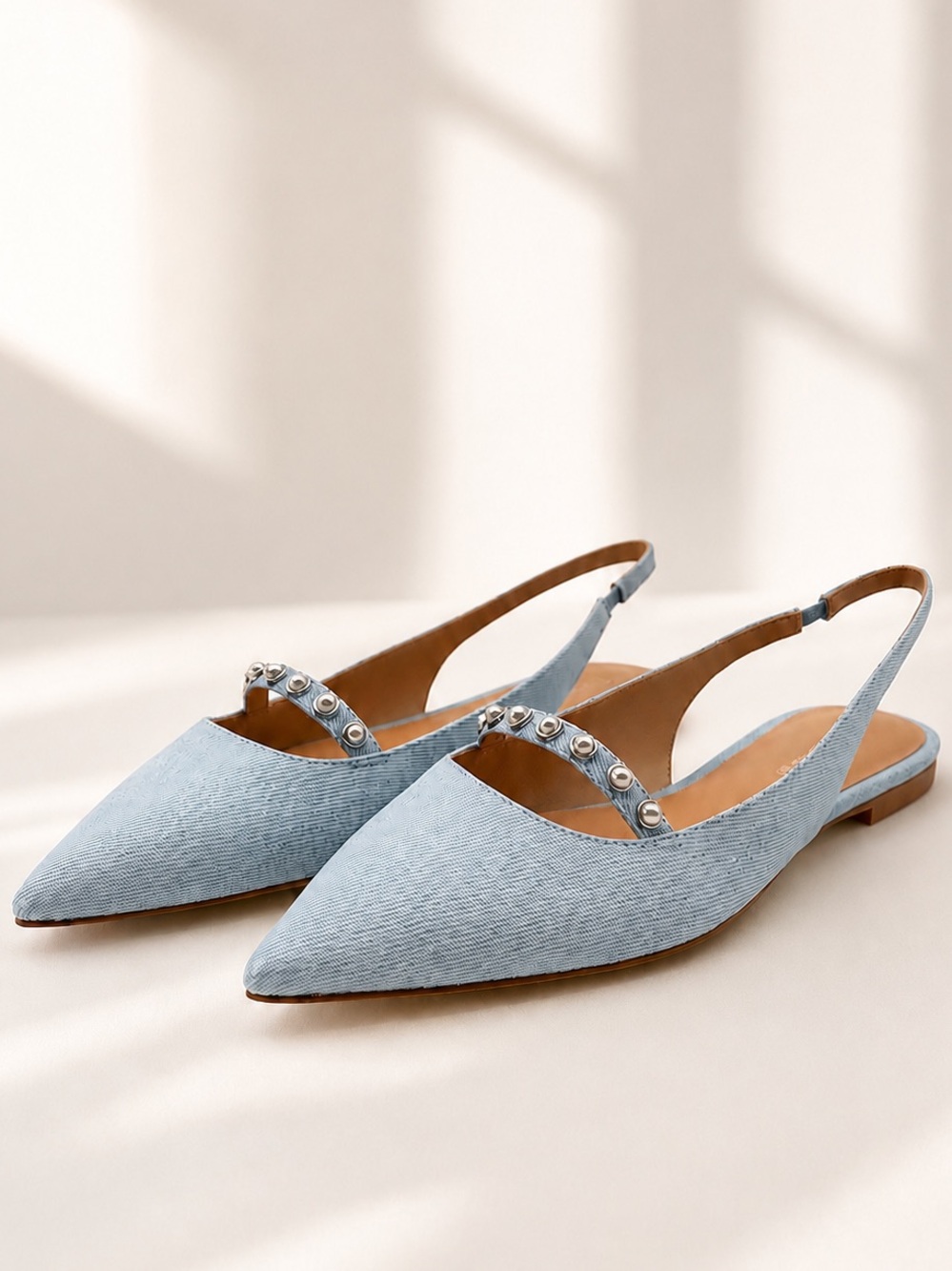 Stuart Weitzman • Faux Pearl Slingback Denim Flats • Size 9-1/2